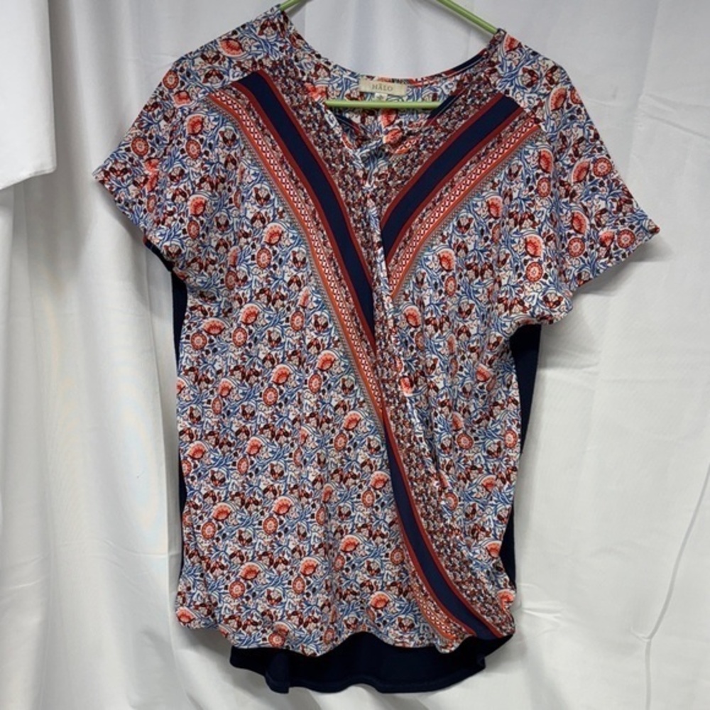 Halo vibrant Floral Blouse rayon poly spandex blend tunic shirt XL